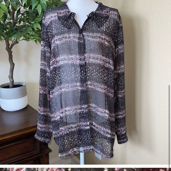 Cabi Paris Calligraphy Brush Sheer Print Long Sleeve Button Up Top 3249 Large - Picture 2 of 3